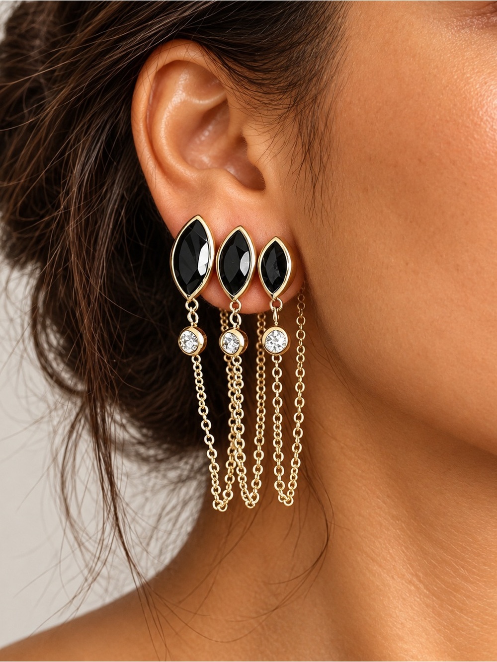 Elegant Black Crystal Drop Earrings in Gold